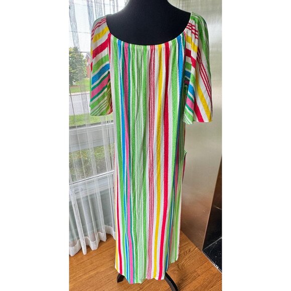 Vintage 80s terrycloth robe/coverup, pink blue yellow green orange red stripes - Picture 6 of 8